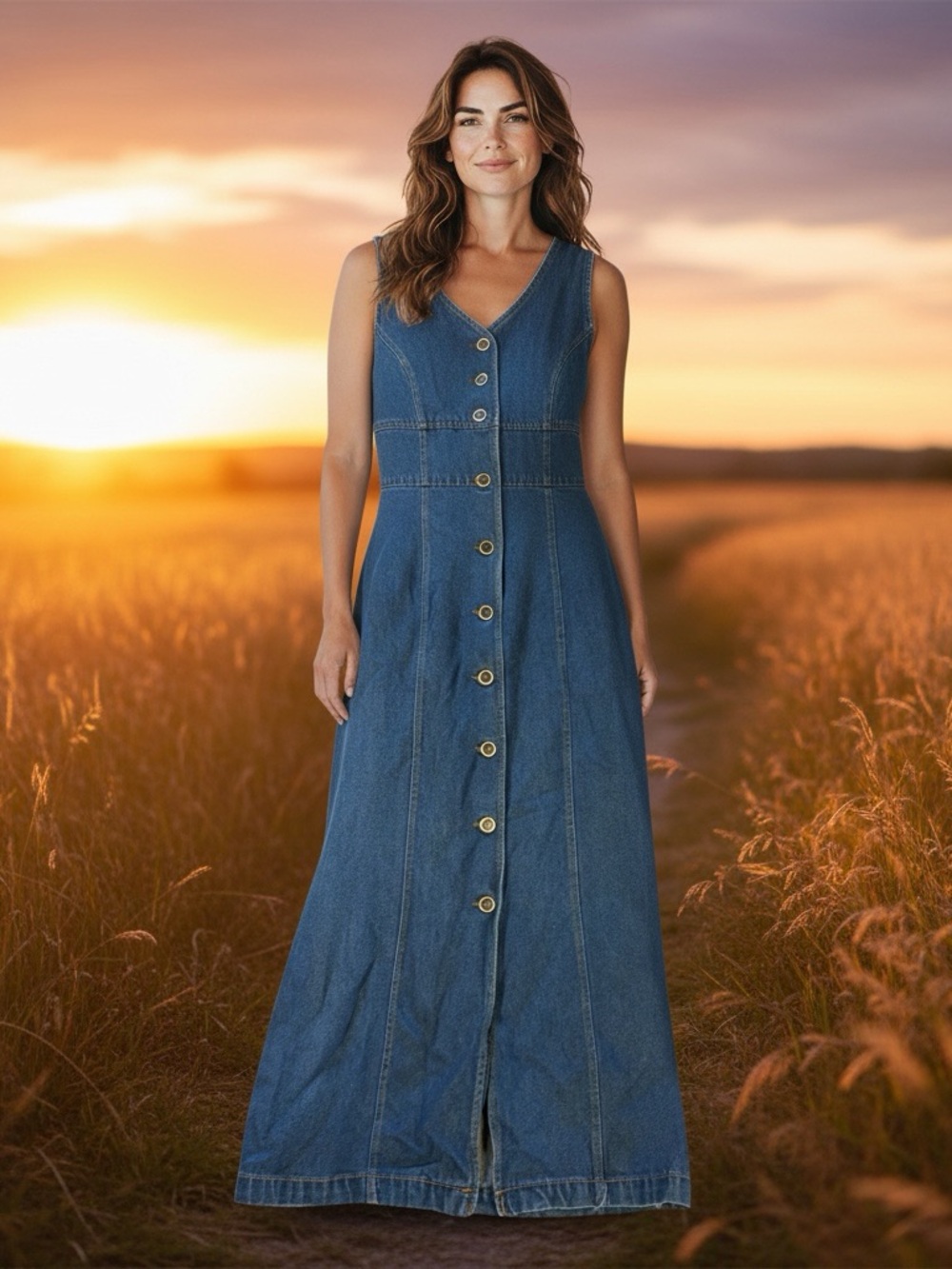 Vintage Facets 2 By Mirrors Denim Button Front Sleeveless Midi Dress